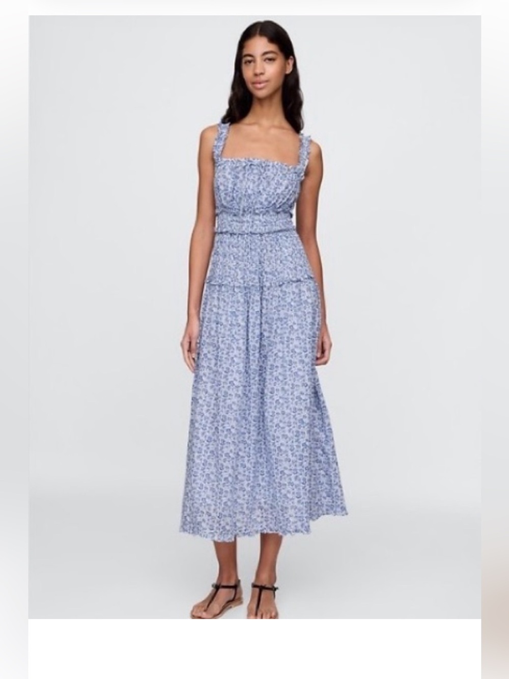 Blue Floral Smocked Midi Dress - Lightweight Summer Dress - Picture 3 of 7